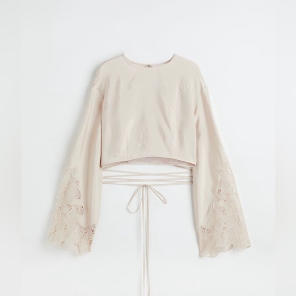 H&M Lace Matching Satin Set Bell Sleeve Top & Wide Leg Sheer Lace Pants XS Sz 4 - Picture 2 of 7